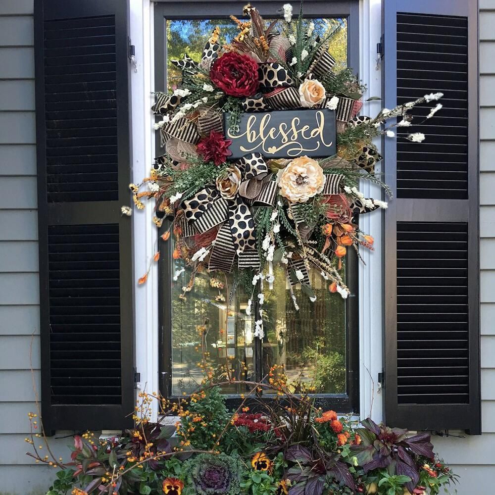 Halloween Wreath Year Round Fall Cheetah Wreath Gorgeous Autumn For Front Door Decor For Thanksgiving Xmas Fabric