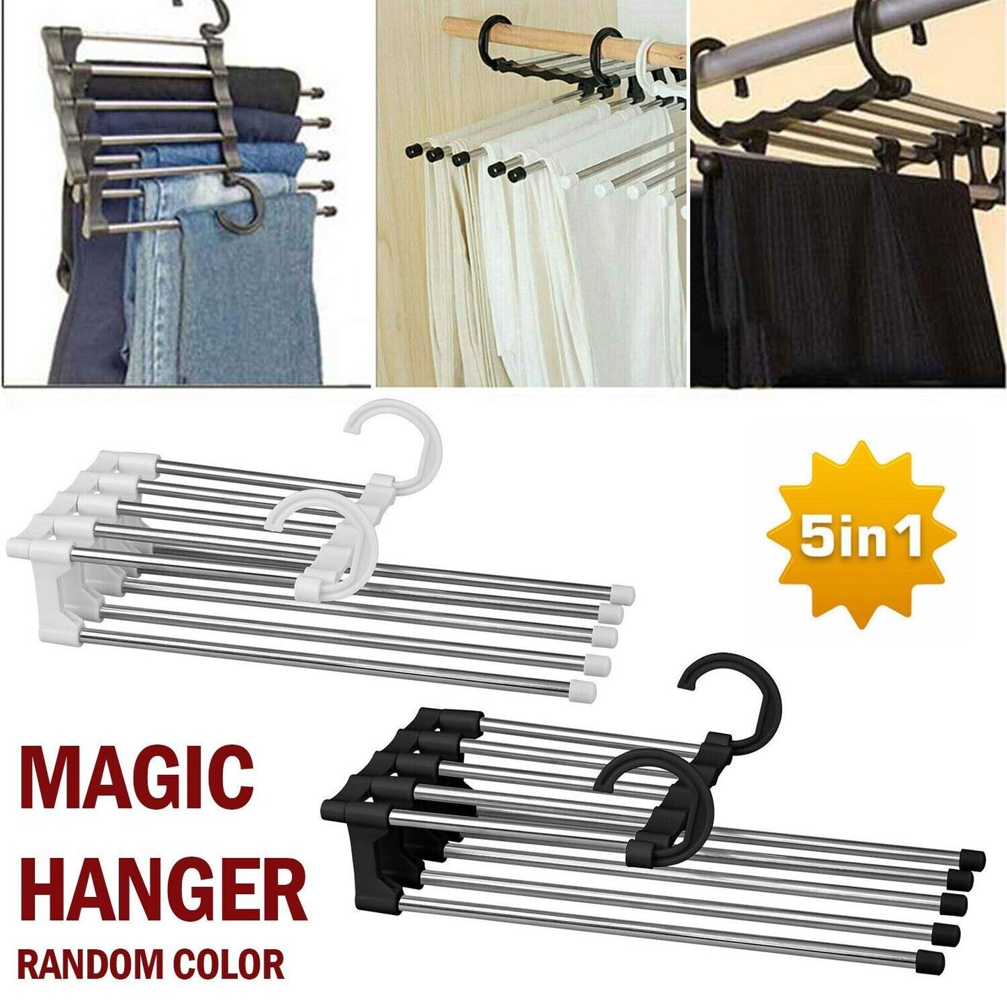 5 In1 Multi-functional Pants Rack Shelves Stainless Steel Wardrobe Magic Hanger